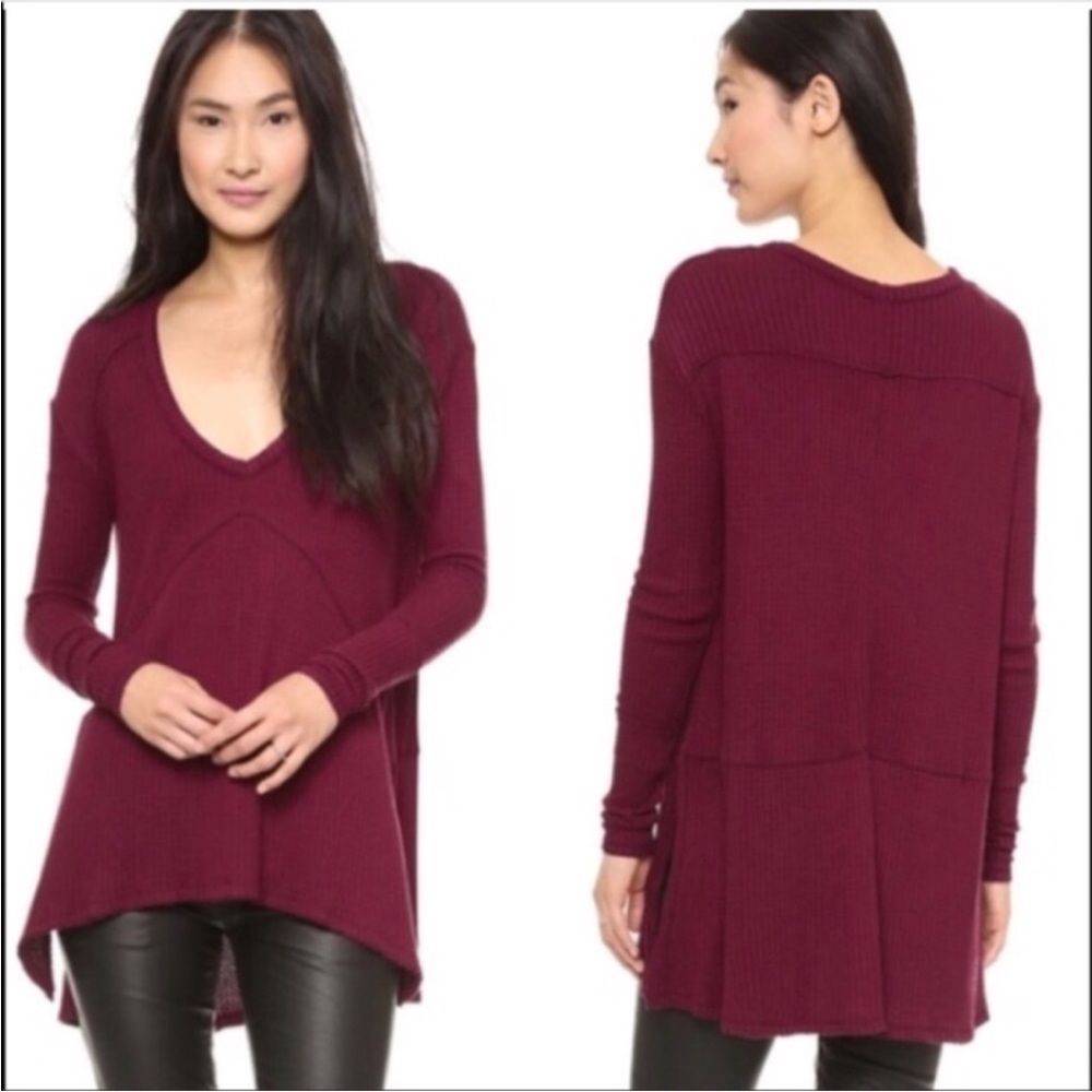 Free People Sunset Park Thermal Top Waffle Knit Wine Burgundy Red size XS